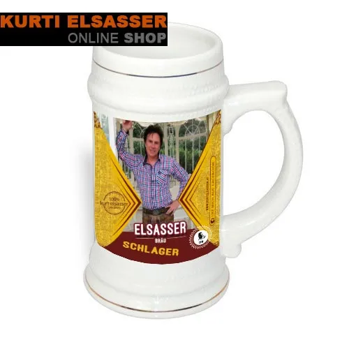 Bierkrug aus Keramik mit Kurt Elsasser Motiv